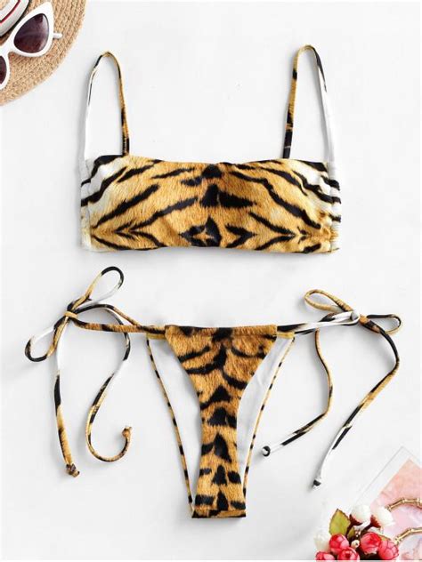 [50 off] [popular] 2020 zaful tiger print padded string bikini swimwear in light brown zaful