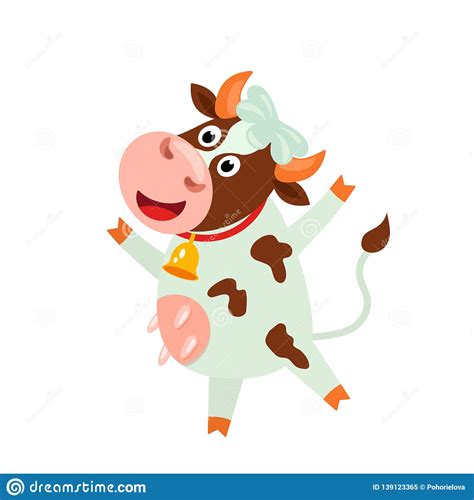 Cute Cow With A Funny Face And A Bell Funny Character In Cartoon Style