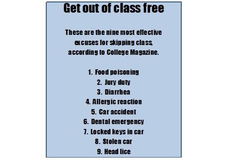 If you want to get out of work quickly, you could use any of these 14 good excuses to miss work on short notice. Students use creative excuses to ditch class - Campus Current