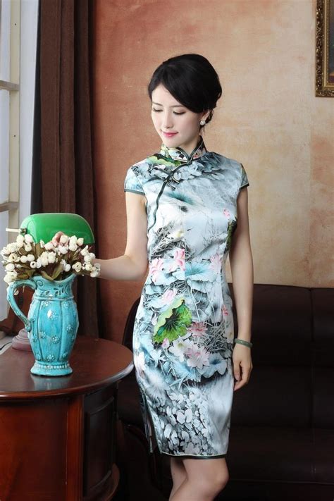Beautiful Lotus Flowers Print Silk Cheongsam Qipao Dress Qipao Cheongsam Dresses Women
