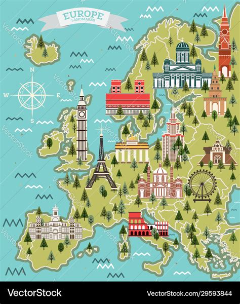 Europe Map With Famous Landmarks Royalty Free Vector Image