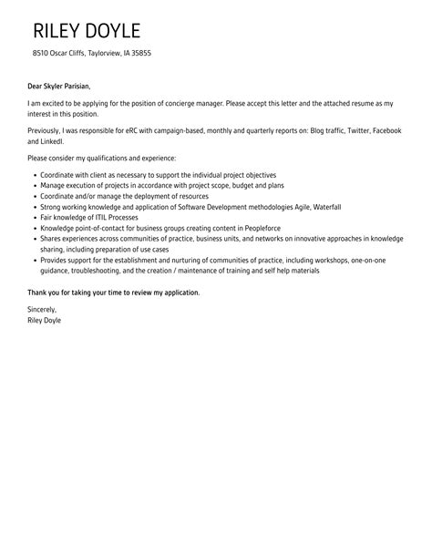 Concierge Manager Cover Letter Velvet Jobs