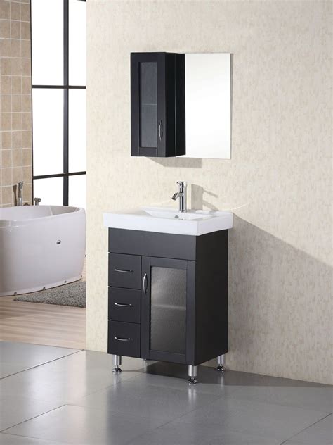 W bath vanity in dark cognac with solid surface technology vanity top in arctic with white sink. Narrow Bathroom Vanities with 8-18 Inches of Depth