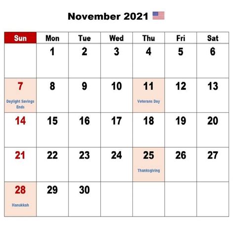 November 2021 Blank Calendar With Holidays Events And Observances