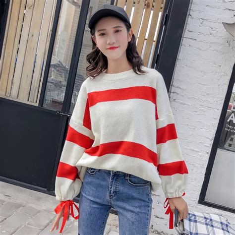 2018 Loose Knitting Striped Full Sleeve Color Matching Set Head