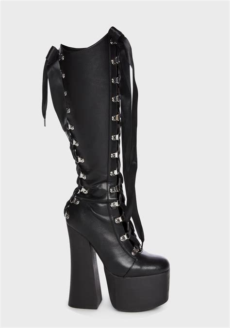 Widow Knee High Vegan Leather Lace Up Platform Boots Black Dolls Kill