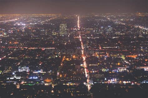 Beautiful Super Wide Angle Night Aerial View Of Los Angeles California