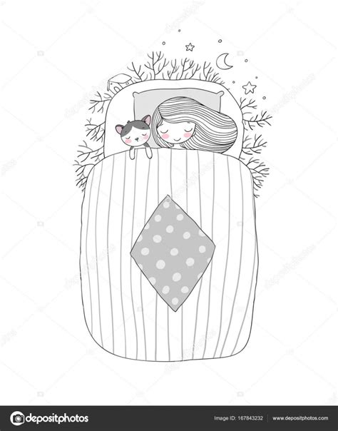 A Girl And A Cat Sleep In Bed Good Night Stock Illustration By ©natashachetkova 167843232