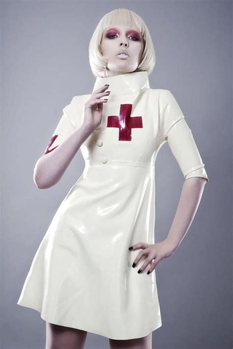Latex Nurse Dress With Arm Band Detail In White With Red Cross Cover Buttons Cosplay Lingerie