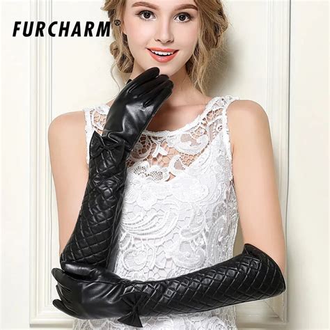 Women Winter Real Leather Gloves Lady Long Genuine Sheepskin Gloves Warm Lining Winter Female