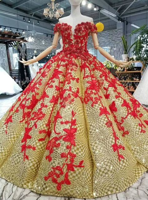 Gold Ball Gown Sequins And Red Appliques Off The Shoulder Wedding Dress