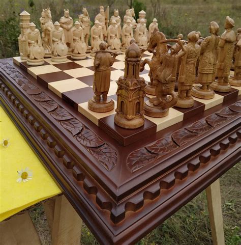 Wooden Chess Pieces Board Wood Carving Handmade Big Large Etsy
