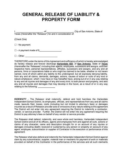 Free Printable Release Of Liability Form