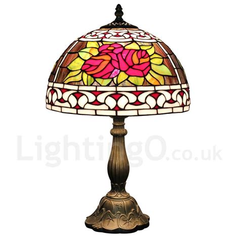 Diameter 30cm 12 Inch Handmade Rustic Retro Stained Glass Table Lamp Red Flower Pattern Shade