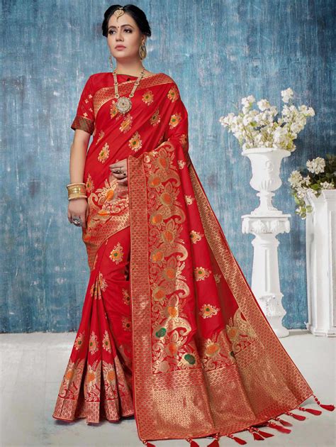 Red Banarasi Art Silk Traditional Woven Saree With Paisley And Floral Motifs