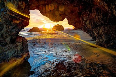 Sea Beach Rock Sunset Landscape Grotto Cave Rays Sun
