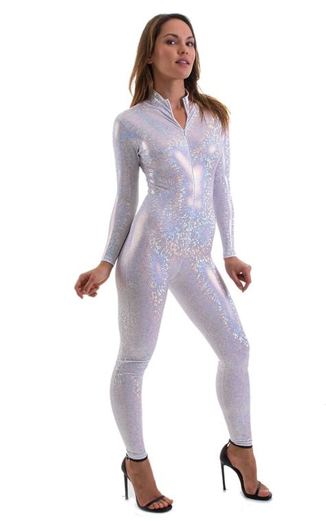 Front Zipper Catsuit Bodysuit For Women In White Shattered Glass