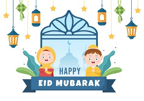 Happy Eid Ul Fitr Mubarak Background Illustration Muslim People