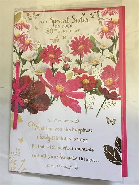 To A Special Sister On Your 80th Birthday Card 80 Eighty Whitepinkgold Flowerswords Ribbon