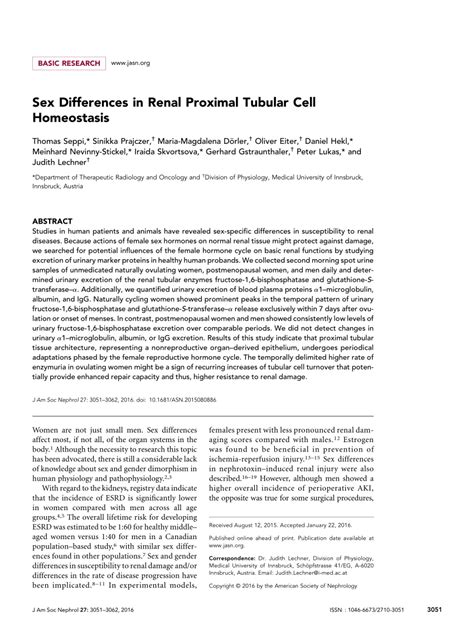 Pdf Sex Differences In Renal Proximal Tubular Cell Homeostasis
