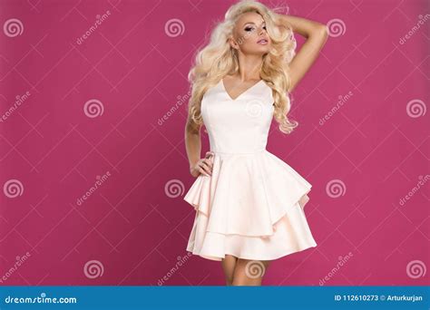 Beauty Blonde Woman Wear Pink Dress Stock Image Image Of Complexion