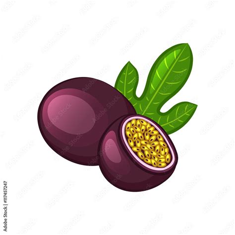 Passion Fruit With Green Leaf And Cut Half Cartoon Icon Isolated Object On A White Background