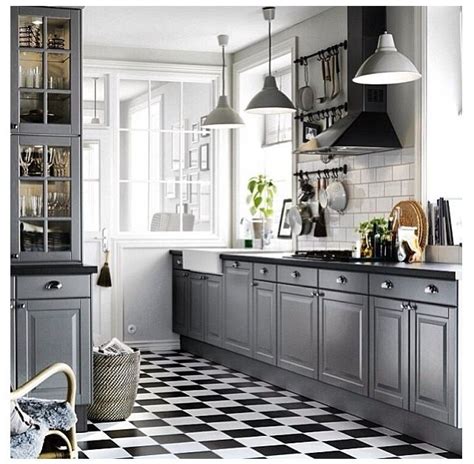 Update your kitchen with our selection of kitchen cabinets from menards. Ikea grey kitchen with black and white tiled floor. Lovely ...