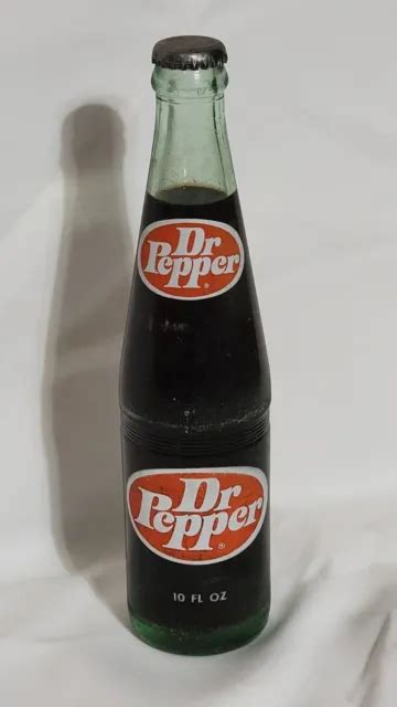 Vintage Full 1970s Dr Pepper Bottle Green Glass 10 Fluid Ounces 1800