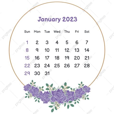 Calendrier De Janvier 2023 Avec Cadre De Fleurs En Cercle Png 2023
