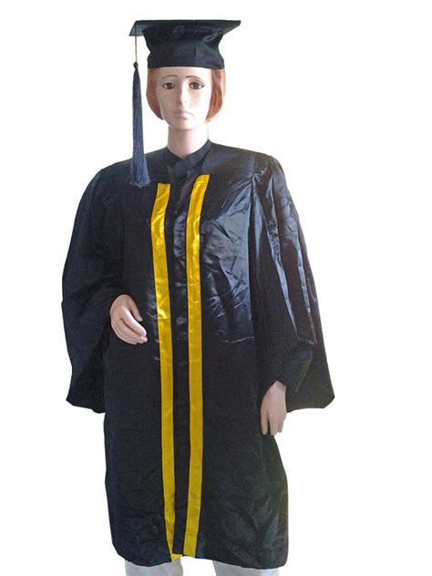 Black Graduation Gown With Golden Yellow Border In The Front With Hat