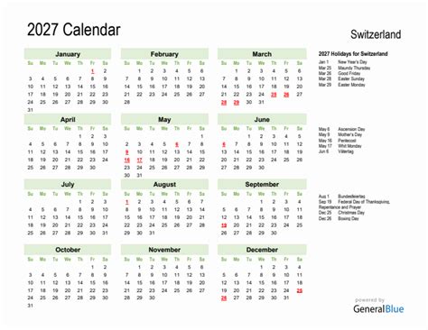 Holiday Calendar 2027 For Switzerland Sunday Start