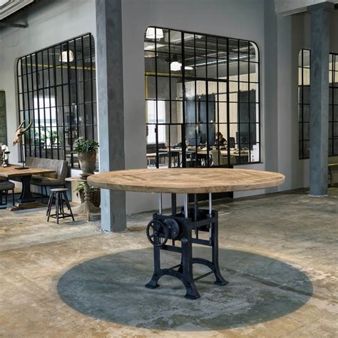 Round industrial table with a height adjustable crank base - sunburned reclaimed oak - DT69