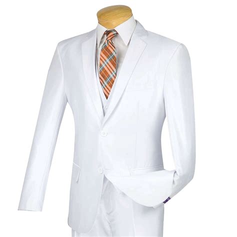 Vinci Mens White Sharkskin 3pc 2 Button Slim Fit Suit W Matching Vest