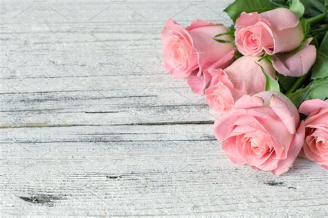 Pink Roses On White Wooden Table ~ Abstract Photos ~ Creative Market