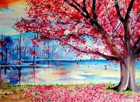 Sakura Landscape Cherry Blossom Trees Watercolor Painting Etsy
