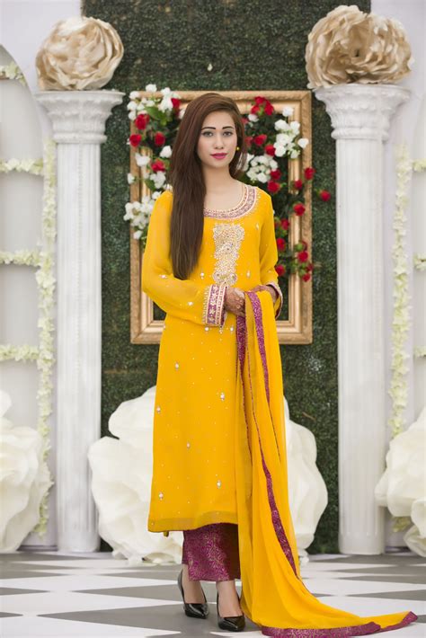 Traditional Yellow Mehndi Dress In Bridal Angrakha Frock Style