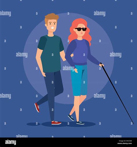 Person And Blind Woman With Stick And Sunglasses Stock Vector Image