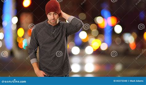Urban Hipster Standing Next To Street At Night Stock Photo Image Of