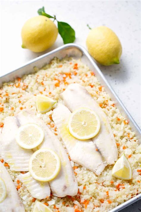 Baked Fish With Cauliflower Rice Pilaf Sheet Pan Meal Seafood Rice