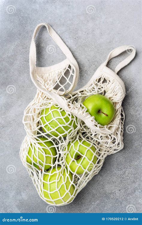 Mesh Shopping Bag With Green Apples Stock Photo Image Of Green