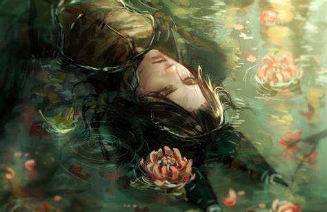 Wallpaper Anime Boy Lying Down Black Hair Water Chrysanthemum Wallpapermaiden