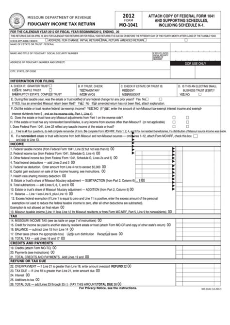 Fillable Form Mo 1041 Fiduciary Income Tax Return Printable Pdf Download
