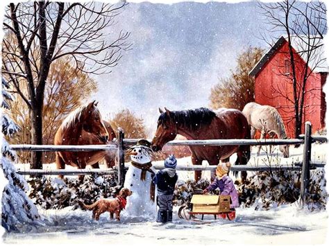 Ranch In Winter Fence Snow Children Stable Trees Horses Dog Hd