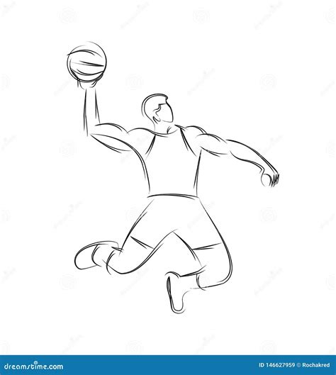 Basketball Player Jumping Dunking In Line Drawing Cartoon Vector