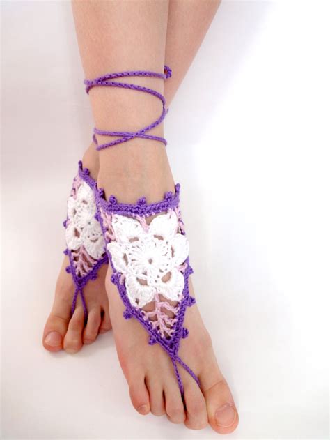 Crochet Barefoot Sandals Purple Lilac White Flowers Foot Etsy