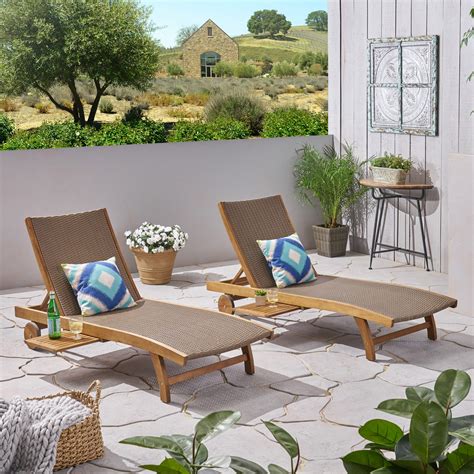 Banzai Outdoor Wicker And Wood Chaise Lounge With Pull Out Tray Set Of