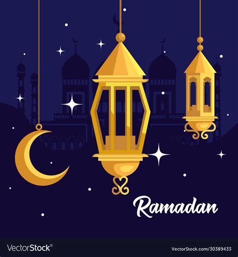 Ramadan Kareem Poster With Lanterns And Moon Vector Image
