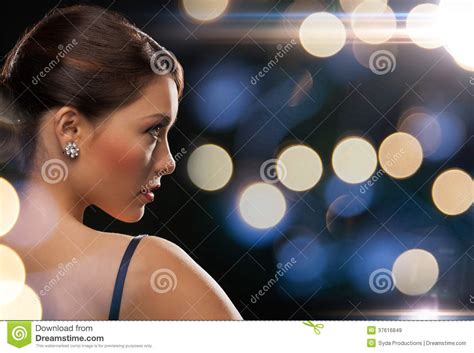 Woman In Evening Dress Wearing Diamond Earrings Stock Image Image Of