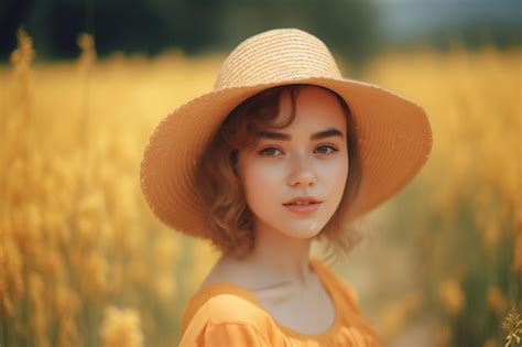 Premium Ai Image A Woman In A Yellow Dress And A Hat Stands In A