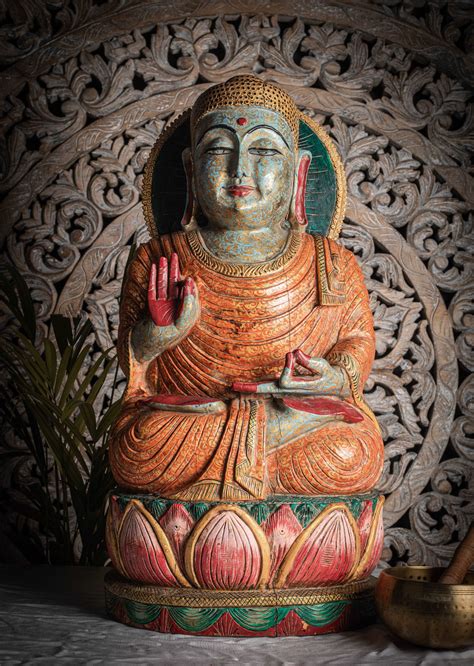 Hand Painted Wooden Buddha Statue Thesuryacraft